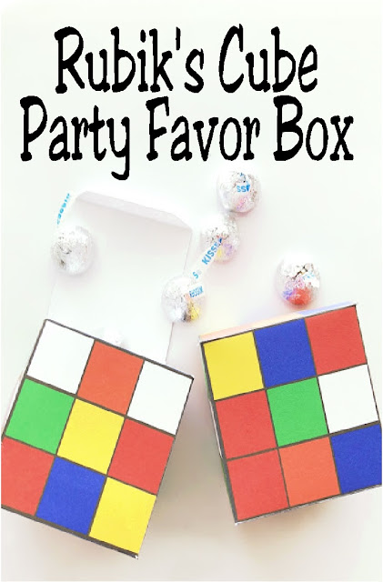 Have a little fun at your 80s party with these fun printable Rubik's Cube party favor boxes.  Print out these treats for your dessert table or party bags and fill with yummy party treats for the perfect gift for your guests. #rubikscube #80sparty #partyfavor #diypartymomblog
