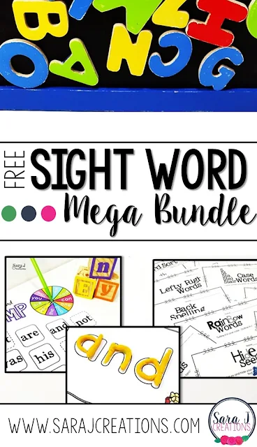 Free sight word mega bundle for newsletter subscribers. It includes over 75 pages of games, practice sheets, playdough mats and more.