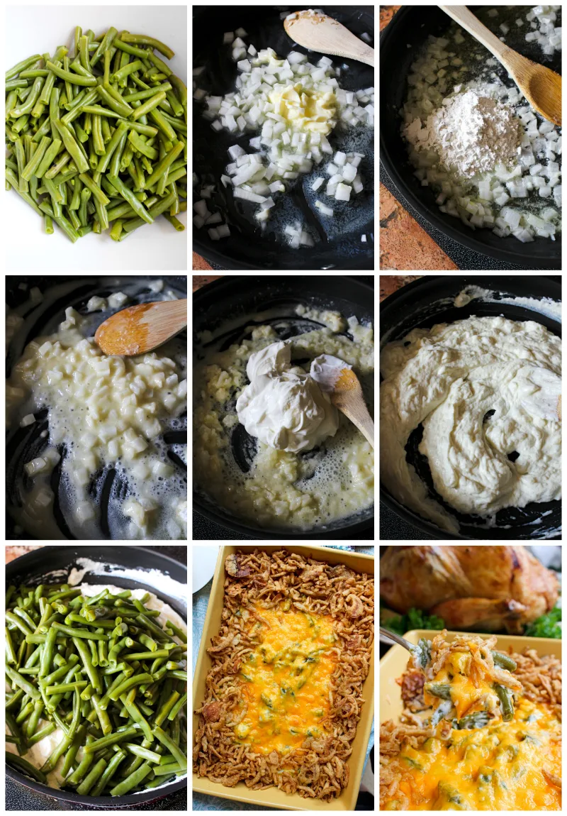Sour Cream Green Bean Casserole is a no mushroom, no canned soup version of the classic side dish that is made with fresh green beans, creamy sour cream, sharp cheddar cheese, and french fried onions.  This recipe feeds a crowd!  #greenbeans #sidedish #greenbeancasserole