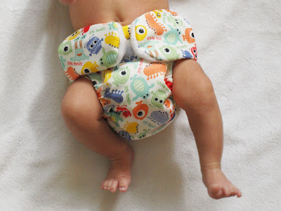 Handmade by Joanne Rich, this cloth diaper features Velcro tab pockets.