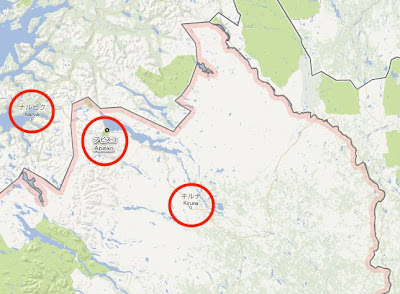 上の赤い円を拡大した図（左からナルヴィクinノルウェー、アビスコ、キルナ）