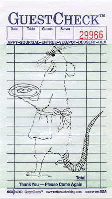 drawing of a mouse waitress on a guest check