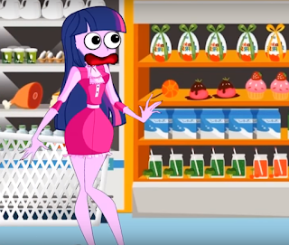 Twilight Sparkle running through a supermarket. Kinder surprise eggs can be seen on a shelf behind her.