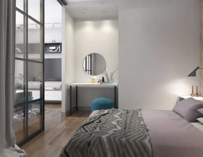 Proyecto 3d para un mini apartamento con dormitorio independiente