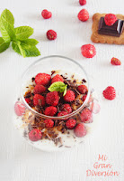  Copa de yogur con fresas silvestres, galletas y virutas de chocolate