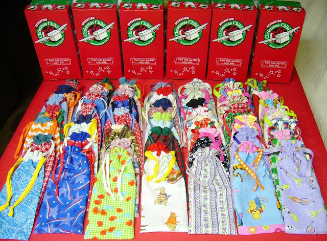 Fifty sewn pencil pouches for Operation Christmas Child shoeboxes packing party.