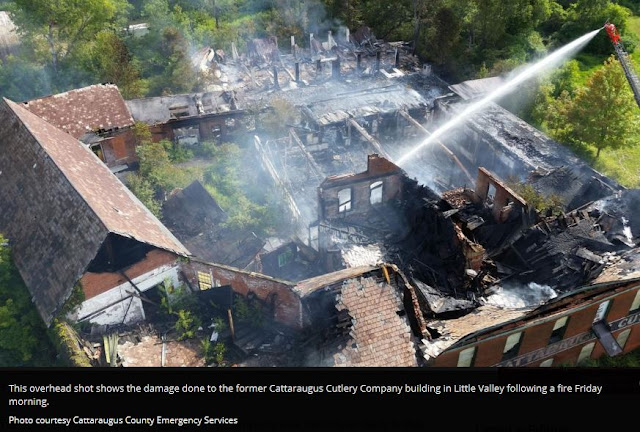 aerial view of Cattaraugus Cutlery Company complex fire damage 2015 burned out main offices of main building and many attached sections after August 2015 fire