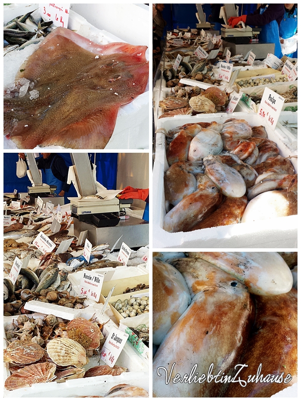 Frischer Fisch und Meeresfrüchte auf einem französischen Markt in Bagnols sur Cèze