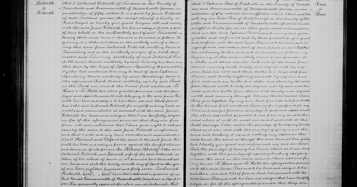 GeneaMusings Amanuensis Monday 1847 Deed of Zachariah Hildreth to
