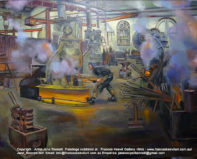 Industrial heritage -Blacksmith Eveleigh Railway Workshops oil painting by artist Jane Bennett