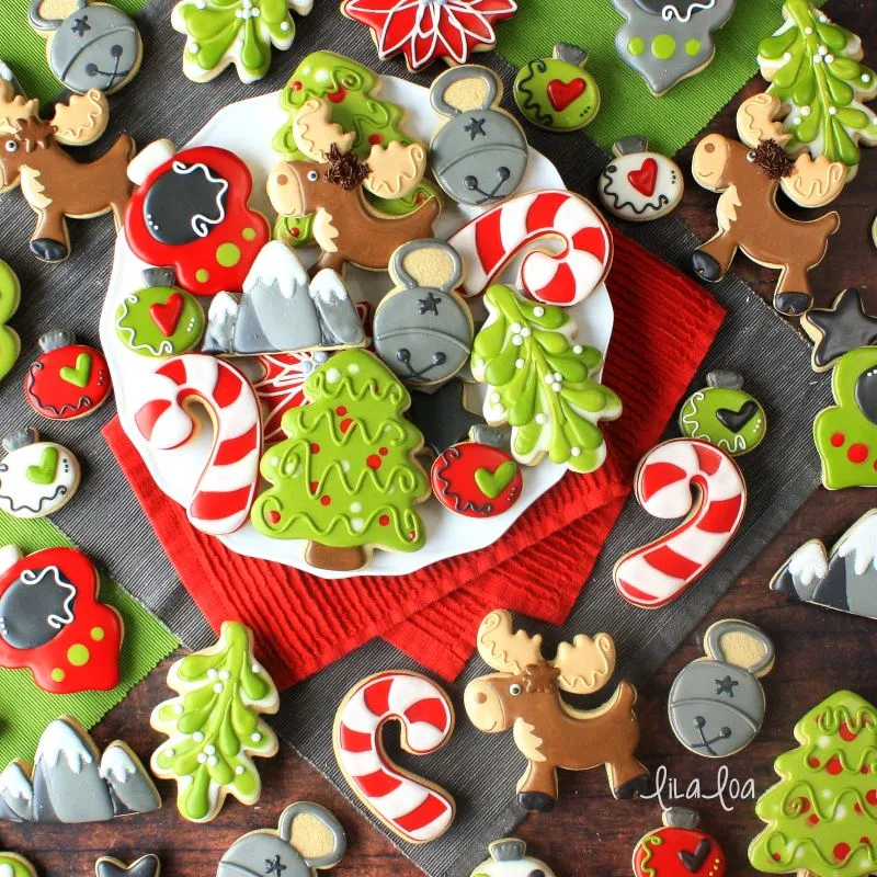 Classic Christmas sugar cookies - tree, mistletoe, moose, candy cane and ornaments
