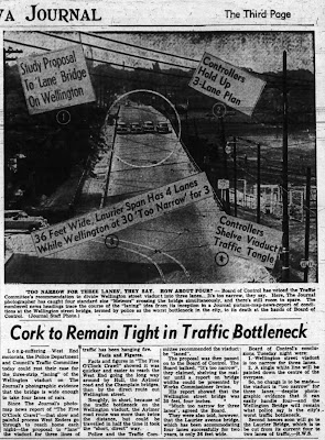 Newspaper clipping of an article with headline 'Cork to Remain Tight in Traffic Bottleneck' with a large image of the Wellington Viaduct shown with four cars abreast at the top of the bridge, with overlaid Journal headlines about the viaduct traffic problem.