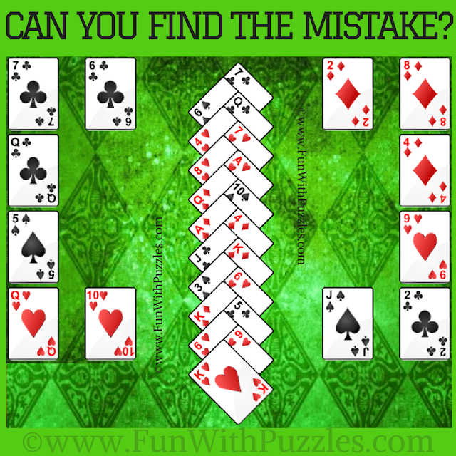 It is the Tough Mistake Finding Cards Picture Puzzle for keen observers in which one has to find the error in the given picture image