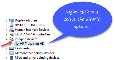Webcam settings in Windows device manager