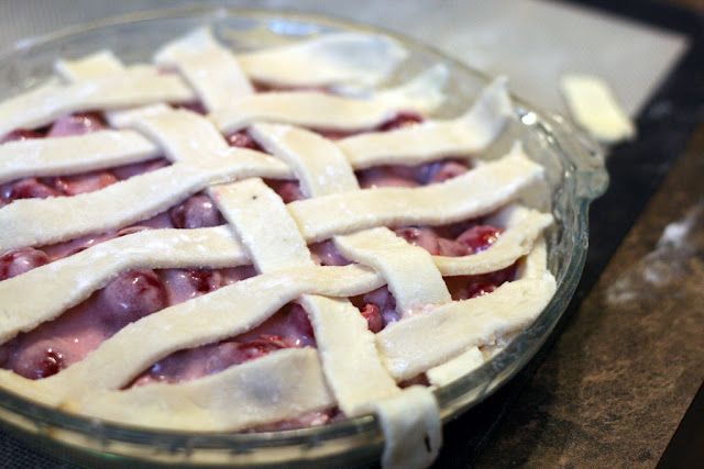 lattice structure of sour cream cherry pie