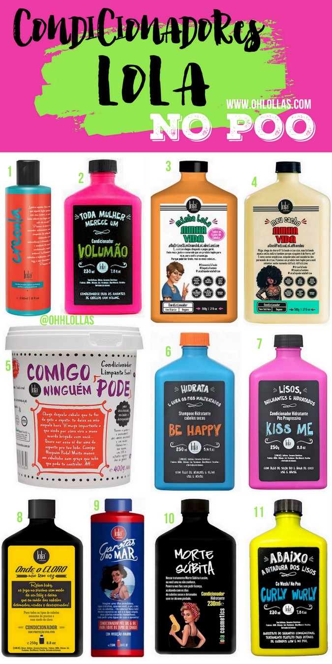 Lista de produtos liberados para no poo: condicionadores sem silicone e produtos específicos para co-wash. Lola Cosmetics @ohlollas