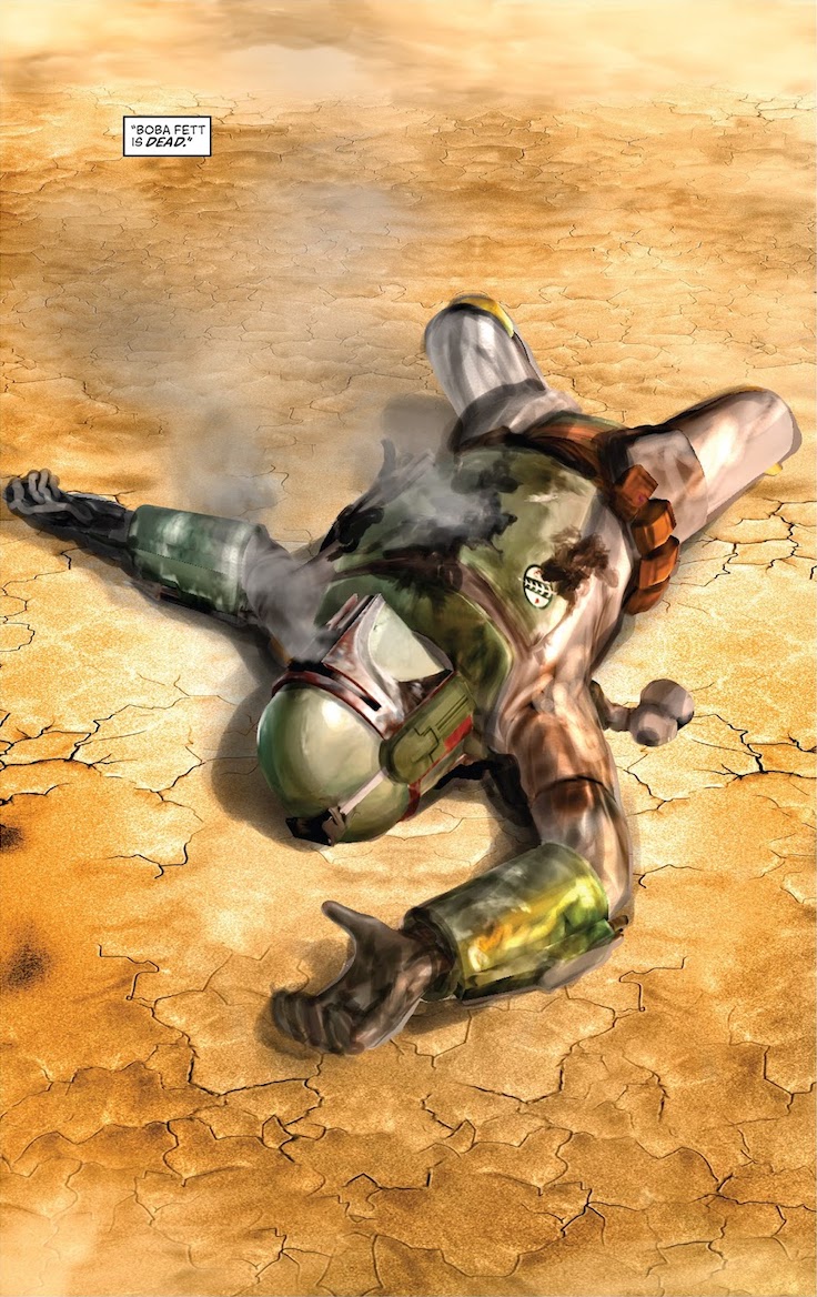 Dibs on the jet pack! Armored figure of Boba Fett with blaster damage to his smoking torso lying prone on cracked dry ground with caption 'Boba Fett is dead.'