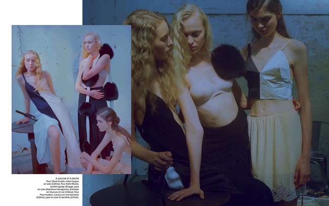 Marie Claire France November 2015, Katie Moore、Thea Hudson、Olivia Scoten Céline 2015 AW Big Fur Pompoms Scarf Editorials