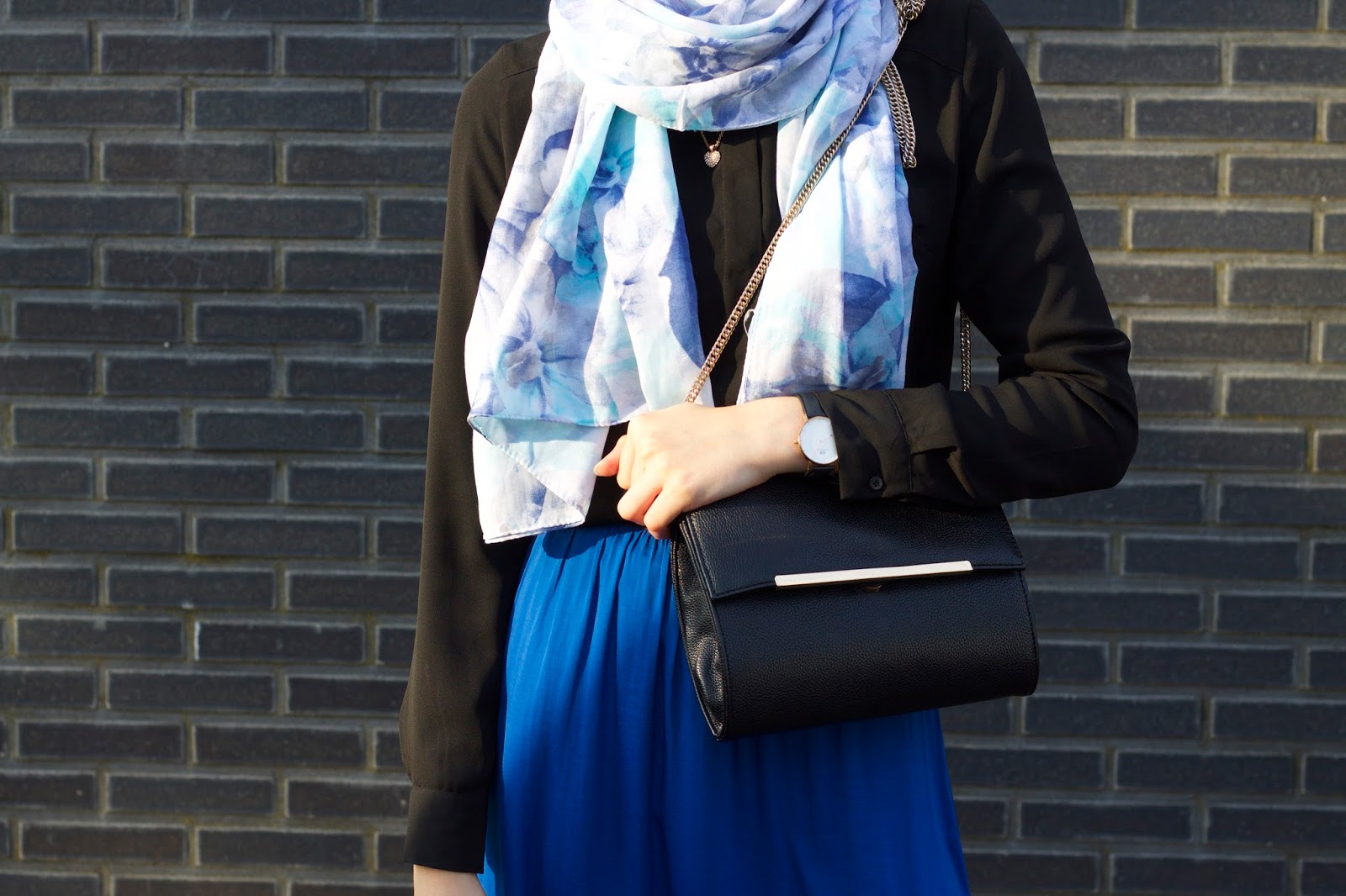 Floral Hijab and blue maxi skirt