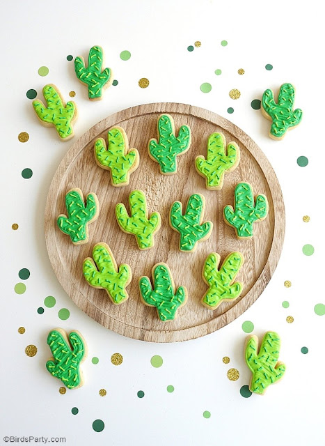 Cactus Sugar Cookies Easy Recipe - learn to bake and decorate these fun cookies for Cinco de Mayo, summer celebration or a llama birthday party! by BirdsParty.com @birdsparty #cactus #sugarcookies #cincodemayo #cactuscookies #cactusparty #cactusfood #cactusrecipes