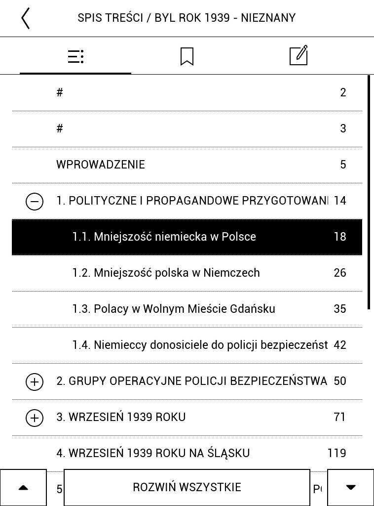 PocketBook Aqua 2 – widok spisu treści