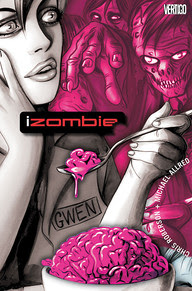 Portada vertigo tomo 2 Izombie se ve a la protagonista en tonos grises rodeada de zombies en todos rosas, mientras comer un cerebro con una cuchara