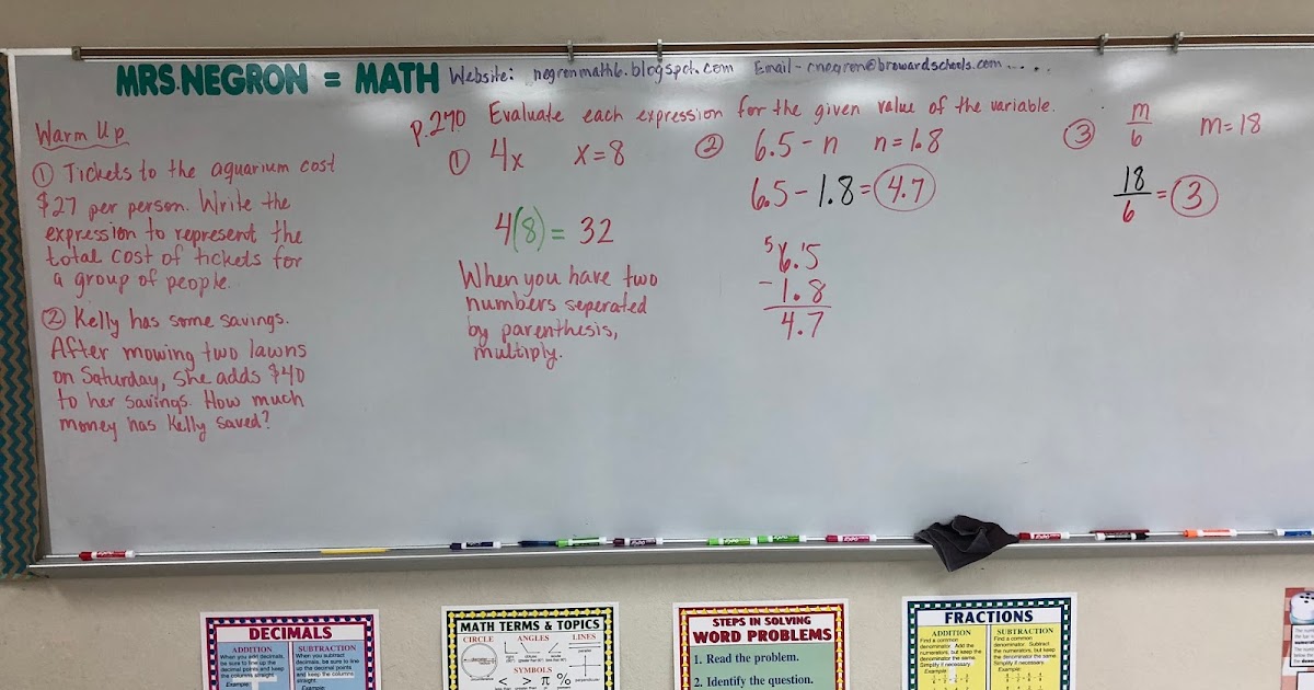 Mrs. Negron 6th Grade Math Class: Lesson 10.2 Evaluating Expressions