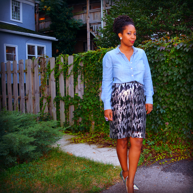 sequin skirt worn with denim shirt