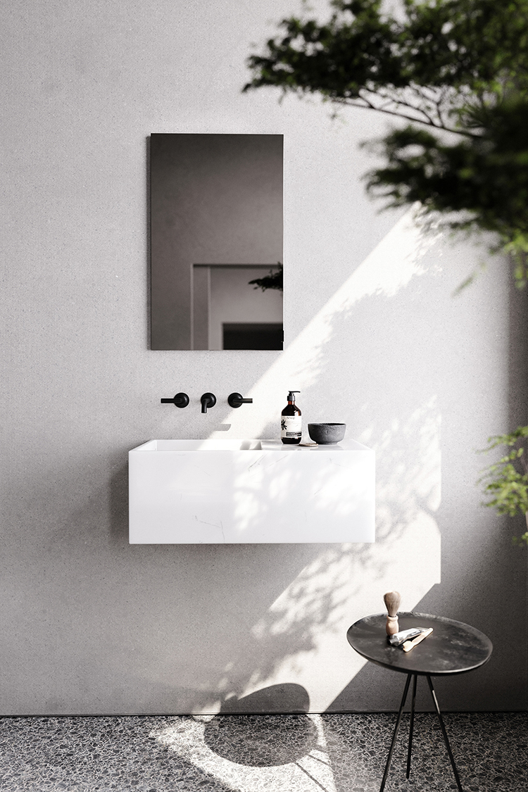 Contemporary interior design, minimalistic decor, bare concrete walls, concrete floors, minimalist black kitchen. Design by Klaudia Adamiak