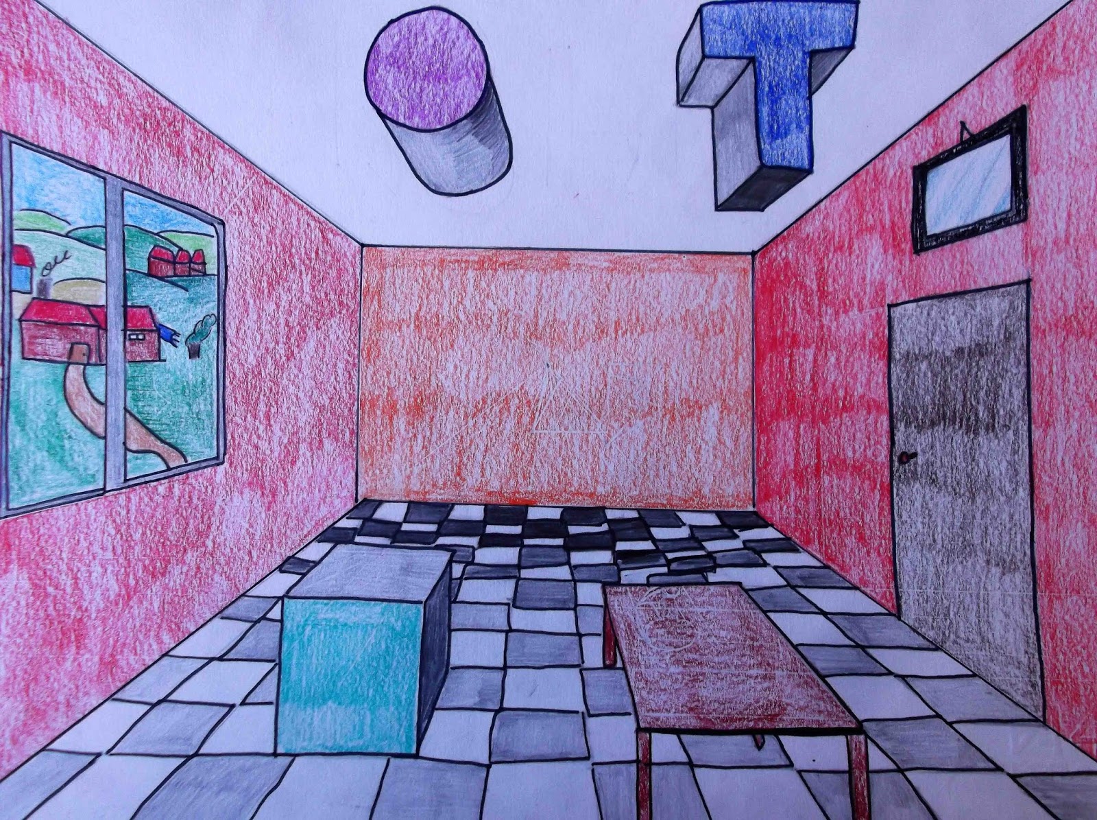 Disegno Di Una Stanza In Prospettiva Prospettiva di una stanza con forme che si proiettano verso chi guarda.