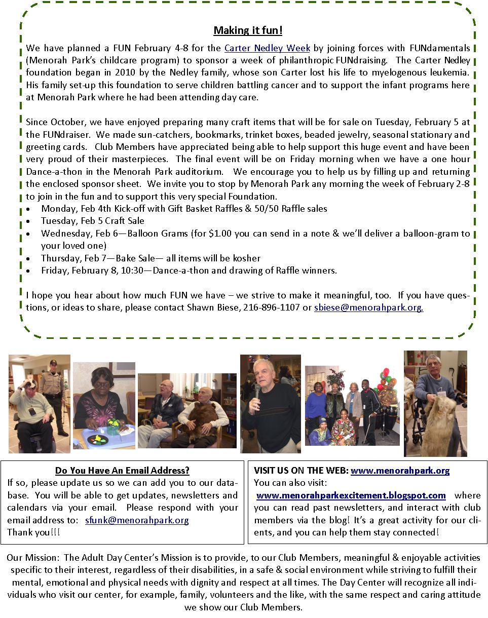 Menorah Park's Mandel Adult Day Center in Cleveland, Ohio Newsletter