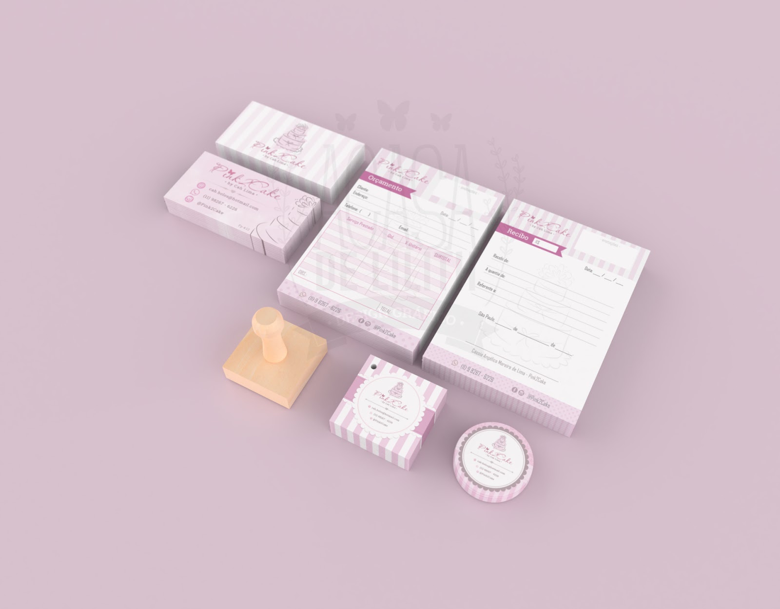 Criação de Identidade Visual - Pink2Cake: Logotipo, Ilustração, Adesivo, Cartão de Visita, Tag e Talões de Orçamento e Recibo e Carimbo Criação de Identidade Visual - Pink2Cake: Logotipo, Ilustração, Adesivo, Cartão de Visita, Tag e Talões de Orçamento e Recibo e Carimbo