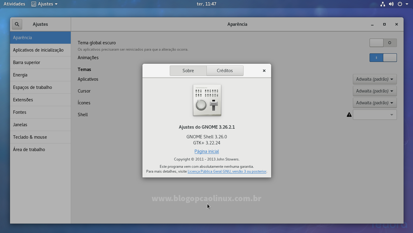 GNOME Tweak Tool executando no Fedora 27 Workstation