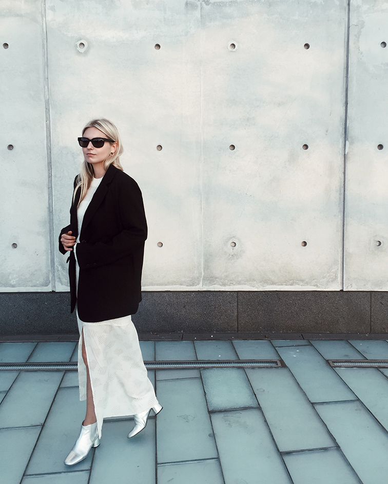 Heleneisfor fashion over reason, Aritzia babaton  blazer, Cienne NY dress, Marc Jacobs silver boots, Raen sunglasses