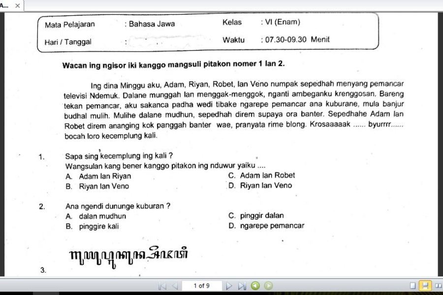 Soal Bahasa Jawa Aksara Jawa Kelas 3 Sd