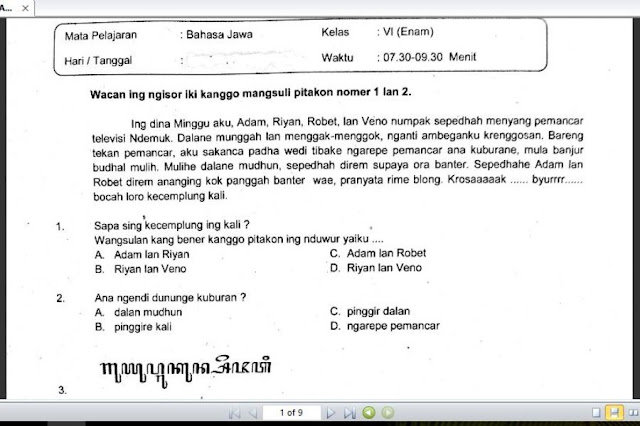 Soal Ujian Sekolah Mata Pelajaran Bahasa Jawa Kelas 6