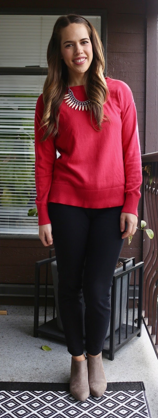 Jules in Flats - Red Gap Sweater, Old Navy Sueded Booties