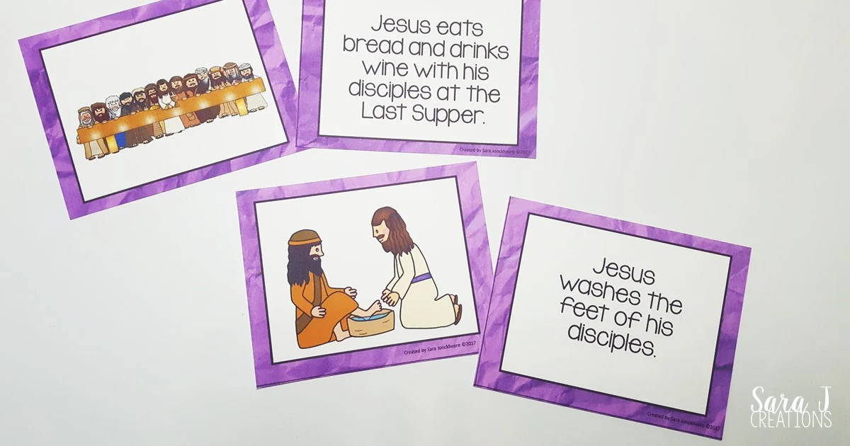 Free Holy Week matching card game to help children learn about and sequence the events leading up to Easter Sunday.