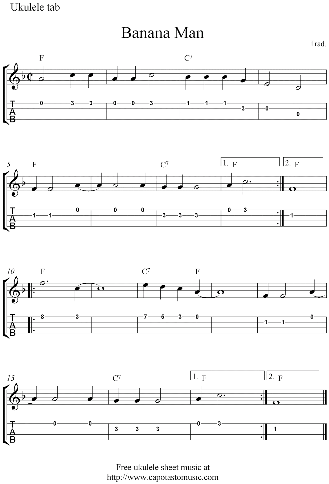 Easy Sheet Music For Beginners Banana Man, free ukulele tablature
