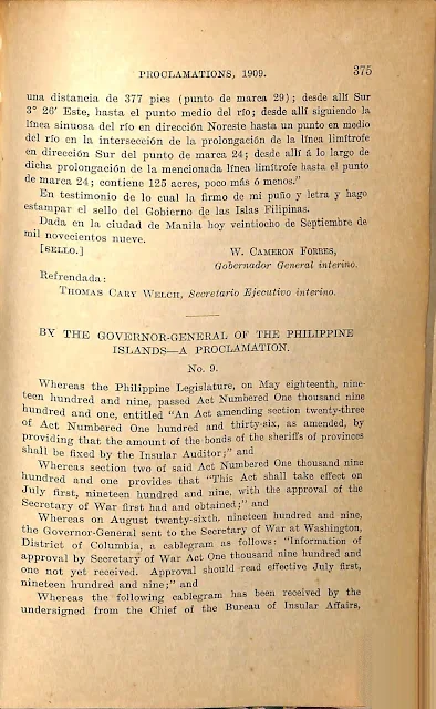 Proclamation 8 series of 1909 in Spanish. Proclamation 8 series of 1909 in Spanish.
