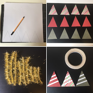 Paper and tinsel handmade Christmas trees embellishments