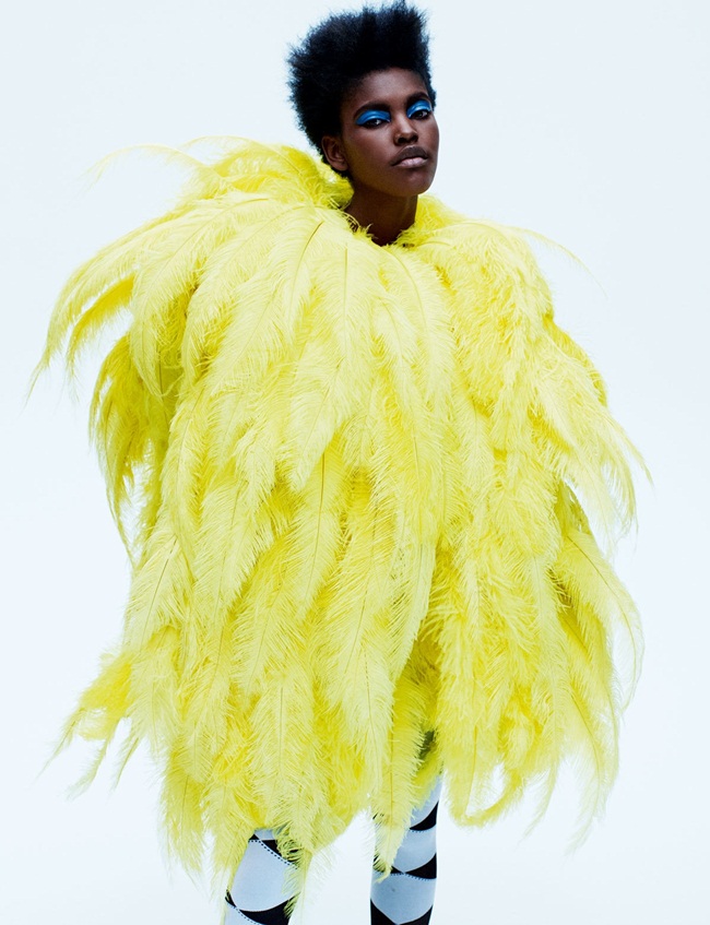 I-D March 2016, Amilna Estevao 2016 SS Moschino Big Bird Yellow Feathers Dress Editorials