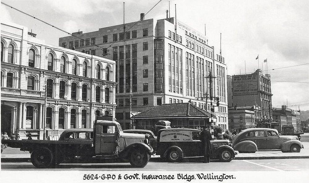 transpress nz vehicles in Post Office Square, Wellington, 1940s