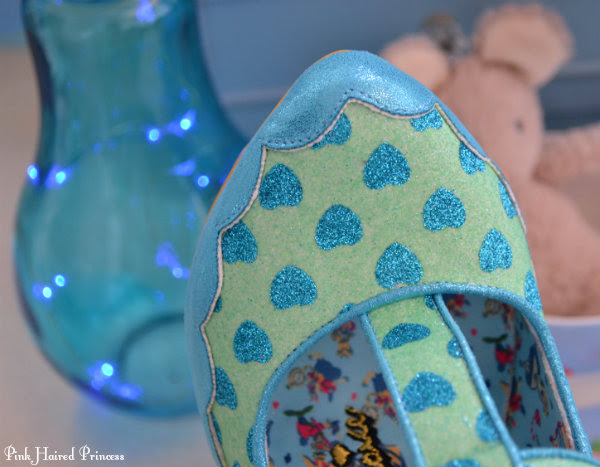 Irregular Choice Alice My Cup Of Tea toe detail softly pointed toe with blue metallic scalloped trim and glitter heart uppers