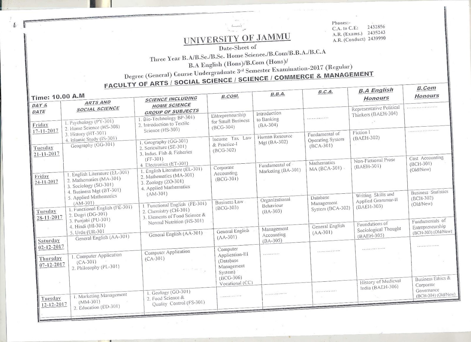 DATE SHEET OF 3 YR BA/B.SC./B.SC. HOME (HONS.)/BBA/BCA