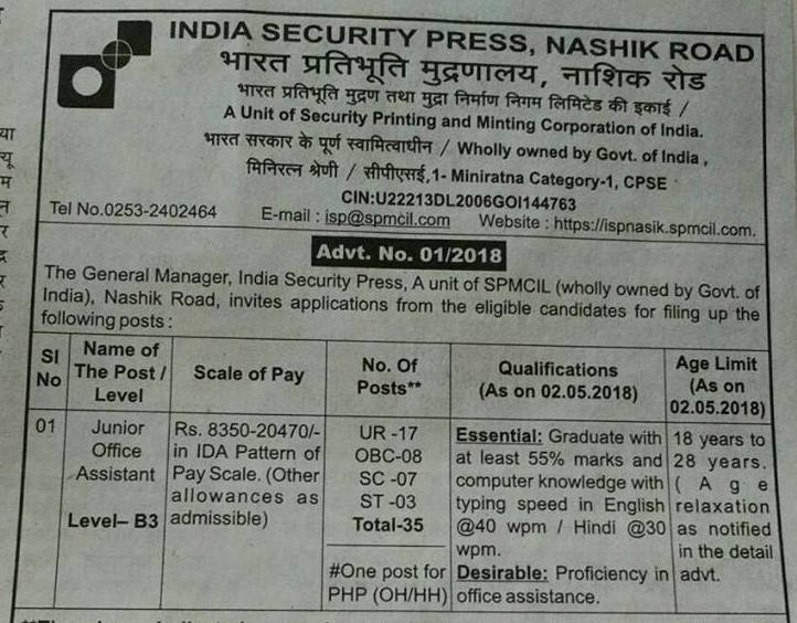 India Security Press Nashik Recruitment 2018 For 35 Junior Office