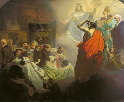 Dipinto di Alexander Beydeman nel quale gli omeopati osservano le brutalità della medicina del XIX secolo
