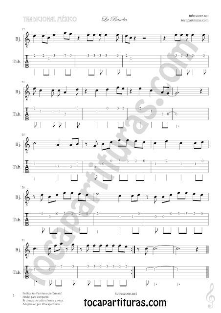 2 Banjo Tablatura y Partitura de La Bamba Punteo Tablature Sheet Music for Banjo Tabs Music Scores
