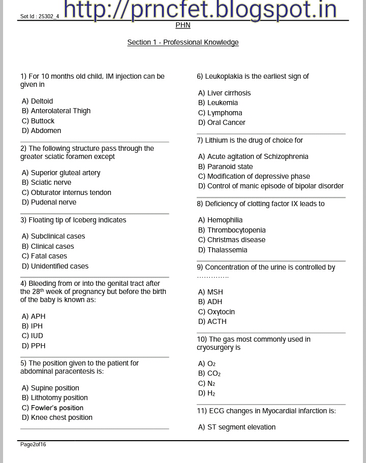 RCC Trivandrum Staff Nurse Exam Questions and Answers Part - 2