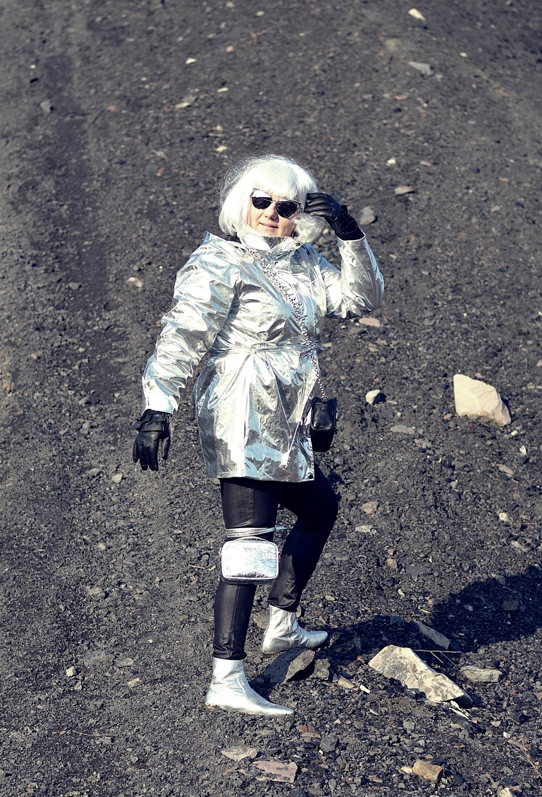 Silver jacket, silver boots, silver hair  